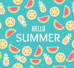 Hello Summer Concept Card Background with Color Thin Line Icons. Vector