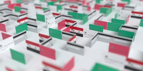 Fictional credit card maze with flag of Syria. Financial difficulties related 3D rendering