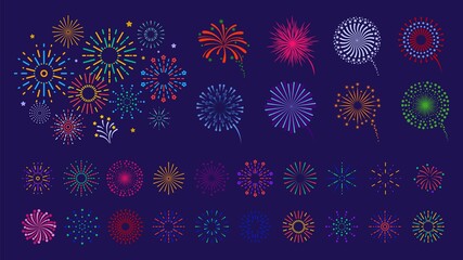 Firework collection. Color fireworks, festive fires. Bright colorful line sunburst. Christmas, independence day, national festival or party pyrotechnics firecrackers vector set