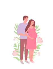 A pregnant woman and her husband are standing. Young family, the concept of love and care. Vector illustration, flat