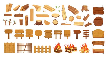 Old wood collection. Timber, logs pine tree elements. Isolated wooden signs, blanks and street road sign. Cartoon boards planks, village fence and camp fire vector set