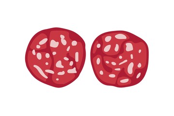 Sausage slices. Overhead view of isolated fried Round slice of sausage salami vector flat on white background. For menu, cafe, restaurant, poster, banner, emblem, sticker. Meat sausage slice set