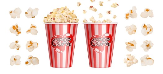 Realistic popcorn. Cinema snack, red stripes bowl for popcorns. Isolated giant paper cup with fast food vector illustration