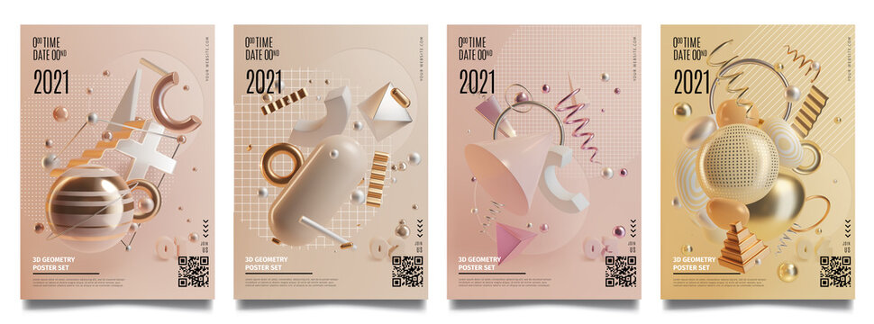 Concept Banner Cards with Realistic 3d Detailed Abstract Geometry Elements. Vector