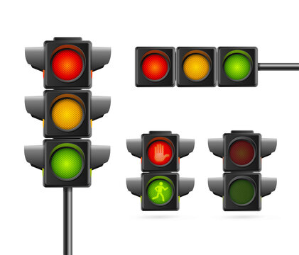 Realistic Detailed 3d Road Traffic Light Set. Vector