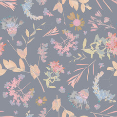 Floral seamless pattern with watercolor paint effect. Pressed dry plants and flowers on blue background. Photo collage.