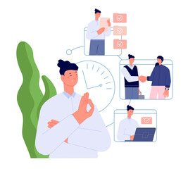 Time management concept. Work male executive, success plan working. Effective tasking, entrepreneur or multitask businessman utter vector scene