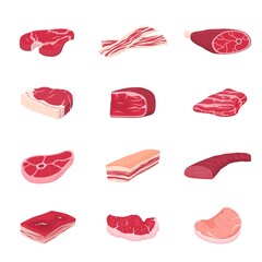 Raw meat collection. Flat meats icons, food cooked pork. Isolated fresh slice, beef chicken steak. Cartoon bacon or ham recent vector set