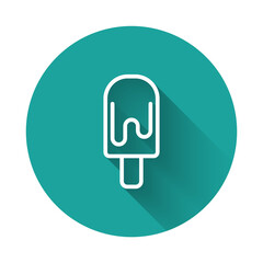White line Ice cream icon isolated with long shadow background. Sweet symbol. Green circle button. Vector