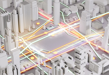 3D Render Abstract city. Modern City plan, streets and skyscrapers with neon traffic lights. Business planning, strategy and investment