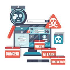 Malware concept. Concept of virus, piracy, hacking and security. Website banner of e-mail protection, anti-malware software. Computer Viruses Attack, Errors detected, Warning signs, Stealing data. © makyzz