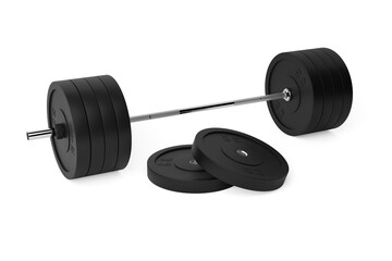 Obraz na płótnie Canvas Barbell with chrome handle and black plates in front on floor on white background, sport, fitness, exercise or weightlift concept