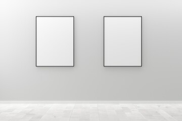 Two white empty blank picture or poster frames template mock up design hanging on white wall and wooden floor background in room with black frame