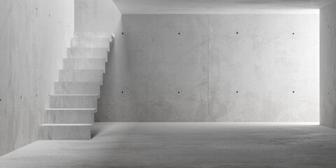Abstract empty, modern concrete room with staircase and indirect lighting from top - industrial interior background template