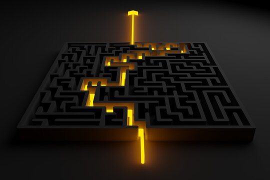 Yellow glowing path thru black maze or labyrinth over black background, success, strategy or solution concept