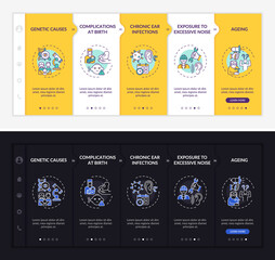 Hypoacusis reasons onboarding vector template. Responsive mobile website with icons. Web page walkthrough 5 step screens. Ageing, genetics night and day mode concept with linear illustrations