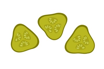 Pickled cucumbers pieces. Overhead view of isolated sliced ring. Vegetable for the Mediterranean or vegan diet. Flat design style for menu, cafe, restaurant, poster, banner, emblem, sticker.
