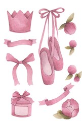 Hand drawn watercolor illustartion of a baby rabbit with ballet dancer accesoires © Emma Mars