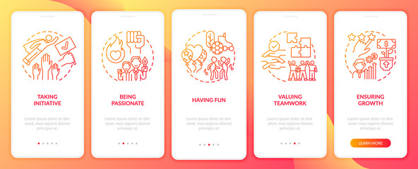 Main corporate core beliefs onboarding mobile app page screen with concepts. Valuing teamwork walkthrough 5 steps graphic instructions. UI, UX, GUI vector template with linear color illustrations