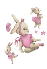 Hand drawn watercolor illustartion of a baby rabbit with ballet dancer accesoires