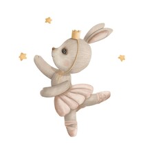 Hand drawn watercolor illustartion of a baby rabbit with ballet dancer accesoires © Emma Mars