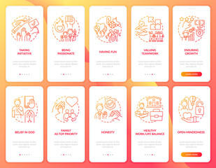 Organizational, unique ideals onboarding mobile app page screen with concepts set. Healthy balance walkthrough 5 steps graphic instructions. UI, UX, GUI vector template with linear color illustrations