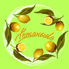 Round wreath of lemon branches. For the lemonade label, summer design, fresh design.