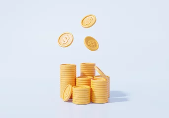 Fotobehang Money dollar stacks and Floating , coins Business investment, growth calculate Finance saving concept. on pestel sky blue background, 3D rendering © N ON NE ON