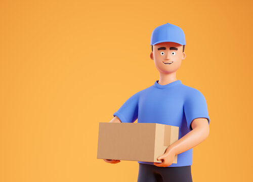 Side view at happy cartoon courier man in blue t-shirt and cap holding cardboard box over yellow background with copy space.