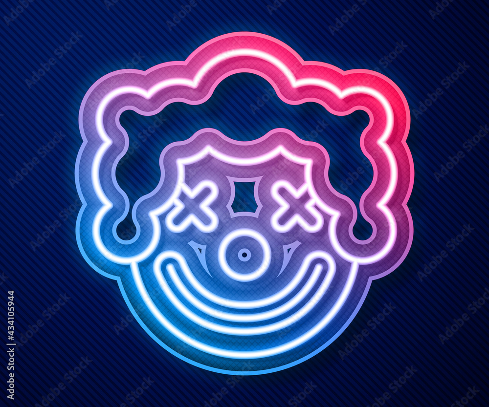 Wall mural glowing neon line clown head icon isolated on blue background. vector