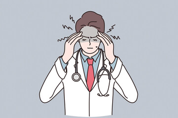 Working during COVID-19 epidemic concept. Portrait of stressed man doctor cartoon character wearing white working uniform feeling stressed during Coronavirus pandemic vector illustration 