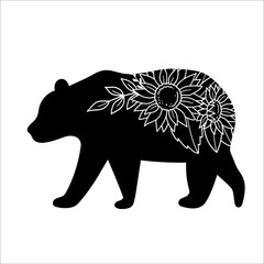 Bear silhouette with flowers. Vector illustration.  Isolated on white background. Good for posters, t shirts, postcards.