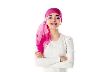 Young brunette woman wearing pink head scarf