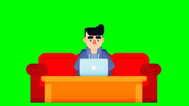 Animation of boy using laptop with long arm sofa and table. Flat design cartoon video clip with green screen background.