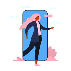 Flat vector cartoon illustration of a woman coming out of a mobile phone screen. The concept of digital detox. Modern lifestyle. Millennial user. White background.