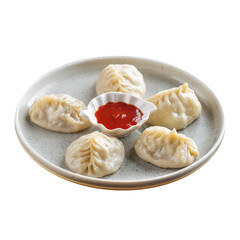 Isolated plate of manti dumplings with red sauce on white