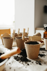Seeds, peat pots, gardening tools on linen fabric background. Ready for plant