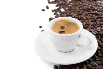 Cup with aromatic coffee and pile of beans on white background