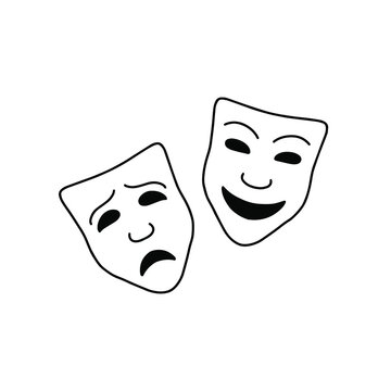 Theatre masks icon. Drawing, isolated on white background.
