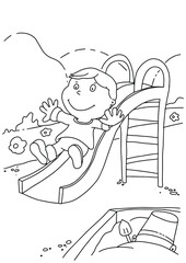 
Coloring book page for child. The boy is playing in the yard. Design for relax and meditation, vector illustration isolated on white background.