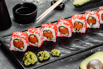 California sushi style rolls, with raw vegetables, food border background