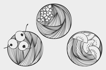 Set of three vegetarian, vegan illustrations in a circle with thin lines. Summer fruits and berries. Healthy eating. Aesthetic monochrome background with pomegranate, cherry, kiwi.