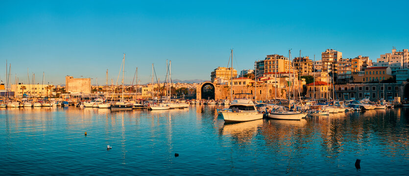 Venetian Fort in Heraklion and moored fishing boats, Crete Island, Greece