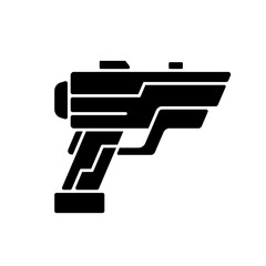 Laser weapon black glyph icon. Ray gun. Beam pistol. Dystopian war. Cyberpunk movie, sci fi game. Futuristic technology. Silhouette symbol on white space. Vector isolated illustration