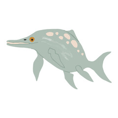 Funny vector flat dinosaur in cartoon style. Dinosaur Ichthyosaurus. Illustration for children's encyclopedias and materials about dinosaurs. Ancient animals. Ichthyosaurus on a white background.