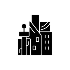 Cyberpunk city black glyph icon. Skyscrapers of business centers. Metropolis buildings. Cyberpunk movie, sci fi game. Futuristic town. Silhouette symbol on white space. Vector isolated illustration