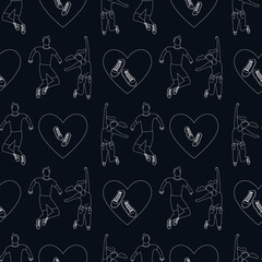 Seamless pattern with silhouettes of young happy couple in jumping poses with hearts. Stock vector illustration.