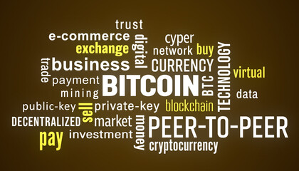 Illustration of a keyword cloud with terms related to bitcoin