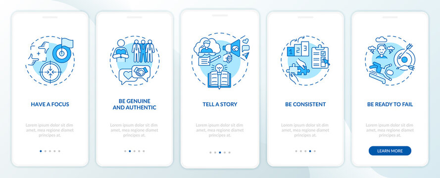 Personal branding rules blue onboarding mobile app page screen with concepts. Brand development walkthrough 5 steps graphic instructions. UI, UX, GUI vector template with linear color illustrations
