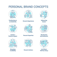 Personal brand blue concept icons set. Advancing career. Positive impact. Skills improvement. Self promotion idea thin line RGB color illustrations. Vector isolated outline drawings. Editable stroke